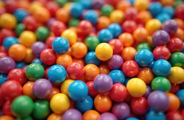 Fototapeta premium Many small bright balls fill frame. Plastic spheres red, blue, green, yellow, orange, purple. Create fun vibrant background, colorful texture. Cheerful image captures childrens toys candy gumballs