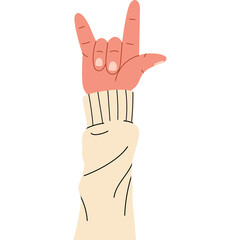 Hand Making Rock And Roll Sign Gesture In A Cream Colored Sweater With A White Background