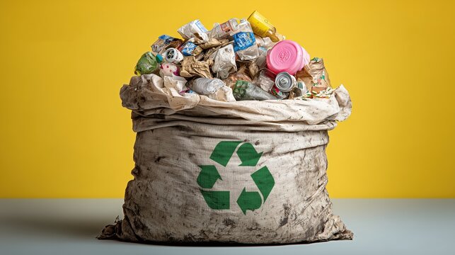 Sac en toile rempli de déchets recyclables avec symbole de recyclage