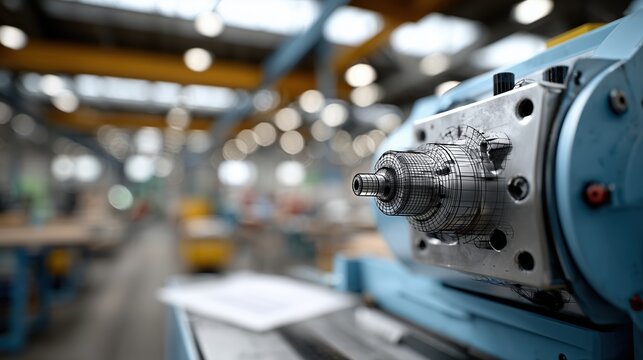 Machine industrielle avec overlay technique en wireframe dans atelier