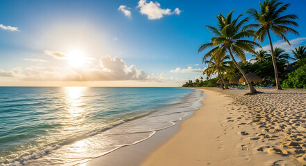 A tropical beach with palm trees, white sand, and turquoise water under a bright sunny sky view ai generated