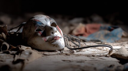 Old painted mask on dusty surface