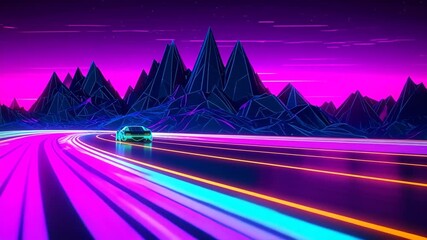 A neon-drenched wireframe car speeds down a futuristic highway - Powered by Adobe