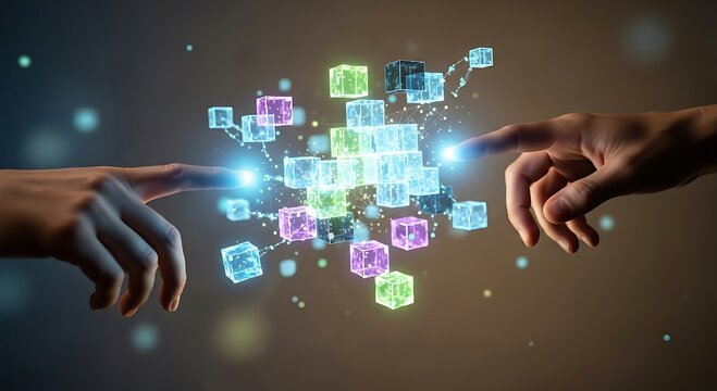 Futuristic Technology: Two Hands Interacting with a Network of Glowing Cubes, Representing Data, Connectivity, and Innovation.