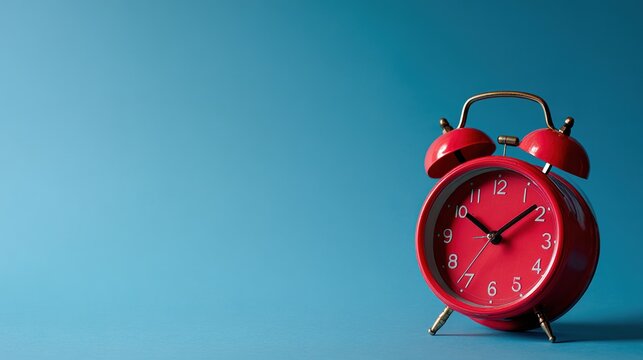 Vintage alarm clock on textured blue surface, minimalist pastel aesthetic with soft shadows.