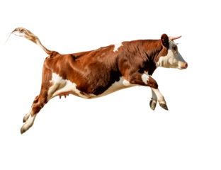 Jumping cow isolated on transparent background in mid-air motion