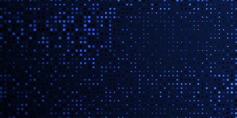 Abstract futuristic technology square pattern with glowing lights, square elements on dark blue background.
