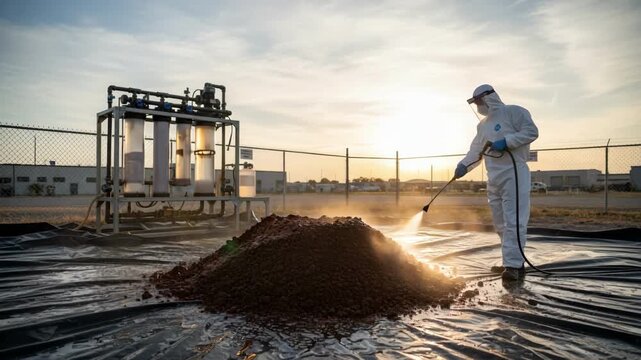 Technician in protective gear sprays water over contaminated soil demonstrating lead removal through advanced aqueous decontamination methods.