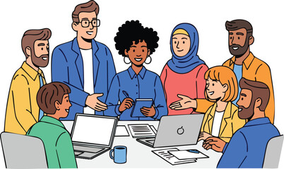 Diverse group of professionals collaborating in a business meeting.