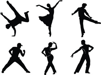 Dance silhouette collection, breakdance, ballet, hip hop, jazz, Latin, modern, expressive movement, black vector, white background, pose variety