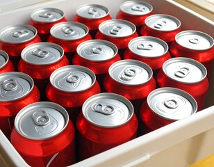Array of red drink cans with silver tops arranged in a white plastic container under a warm light