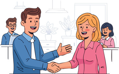 Smiling businessman and businesswoman shaking hands in the office.