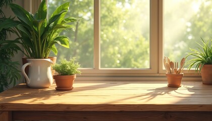 Empty wooden table by a window with potted plants in sunlit kitchen. Rustic background with natural morning light. Ample copy space is perfect for product placement or mockup design.