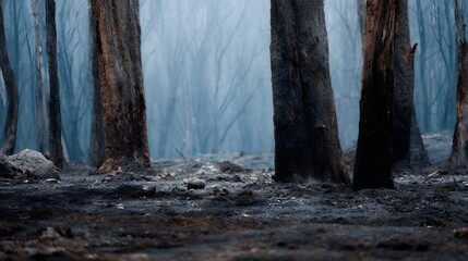 Burnt tree trunks stand in a misty charred forest landscape evoking a sense of desolation and the aftermath of a fire