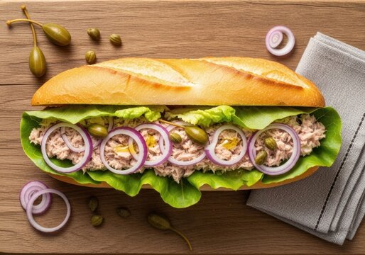 Tuna Salad Sub Sandwich with Red Onion and Lettuce on Fresh Baguette