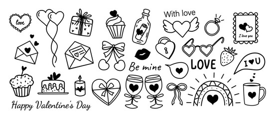 Set of Valentine&rsquo;s Day doodle icons, black and white line art, hand drawn vector style, various love-themed elements. For greeting cards, coloring pages, planners, stickers, packaging, posters