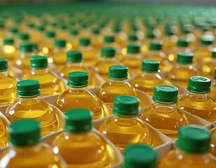 Rows of transparent bottles filled with yellow vegetable oil. Green caps secure the containers. They are neatly arranged in paper boxes, ready for distribution or sale in a store.