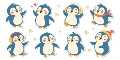 Vector set of smiling cute penguins stickers, winter animals in warm clothes.