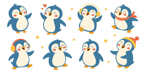 Cute penguins vector set, funny winter characters. Isolated on white background.