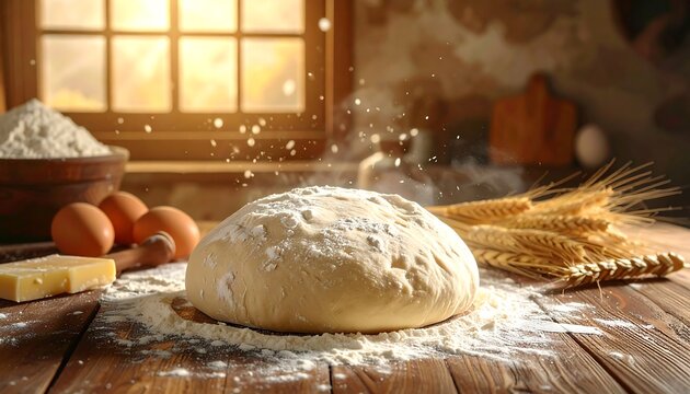 An inviting rustic kitchen scene with baking ingredients and a freshly kneaded dough ball ready for proofing, illuminated by warm sunlight - Powered by Adobe