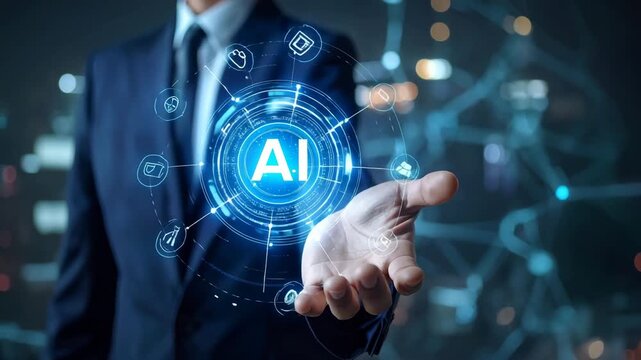 A person in a suit holds out their hand, from which a digital interface of artificial intelligence emerges. Icons representing data, security, and intelligence float around a central AI graphic