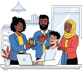 Diverse office team celebrating a male colleague with a gift.