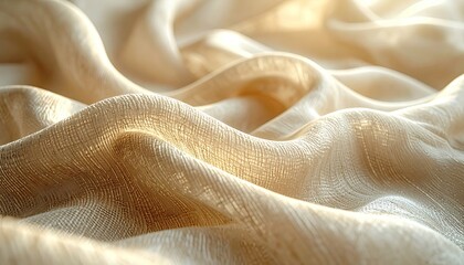Close up of flowing draped fabric with a gentle golden light illuminating the textured folds and soft curves creating an abstract serene and elegant background.