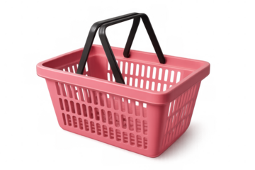 Pink plastic shopping basket with black handles on transparent background representing consumerism and retail