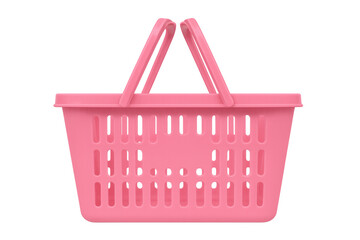 Pink plastic shopping basket representing retail, grocery shopping, consumerism, marketing, and discount sales