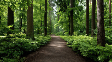 Obraz premium Lush forest trail with tall trees, green foliage, sunlight filtering through leaves, peaceful natural woodland path