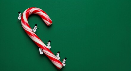 Tiny illustrated snowmen climbing a giant red striped candy cane on green.
