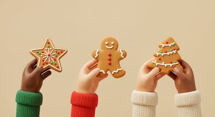 Kids' hands in red, green sweaters holding up Christmas gingerbread fun