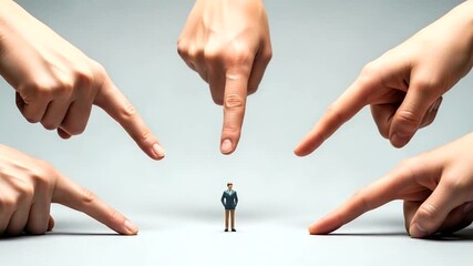 Fingers pointing at a small businessman figure, symbolizing blame