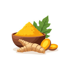 Turmeric Powder and Root with Leaf Illustration