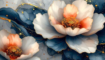 Artistic floral composition of white and peachy-orange blossoms with dark blue watercolor elements and gold accents