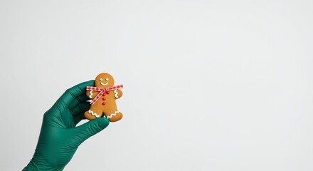 Green gloved doctor hand holding a smiling gingerbread man on white background