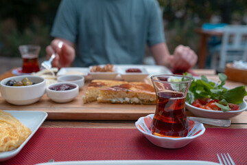 Traditional Turkish breakfast in garden near home