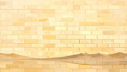 Artistic representation of a brick wall and a desert scene. Wall gradient fades from top to bottom. Landscape with mountains and a body of water