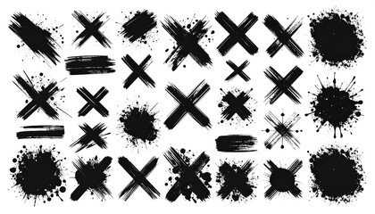 Assortment of black brushstrokes and cross marks, with splatters, smudges and textural elements. Variety of abstract design elements