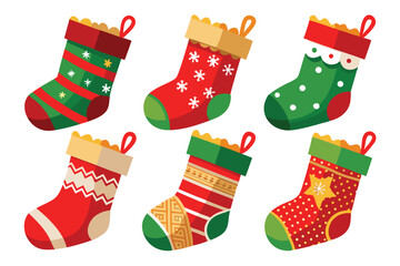 Collection of six colorful christmas stockings with festive patterns isolated on white background