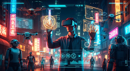 A man using vr headset in a futuristic cityscape with drones and robot companions in the neon lit streets ai generated