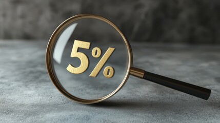 Magnifying glass focused on five percent symbol on gray background