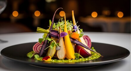 An elegant gourmet vegan dish. Artistically plated heirloom carrots, colorful vegetables, and microgreens on a black plate. A sophisticated appetizer for a fine dining restaurant menu.