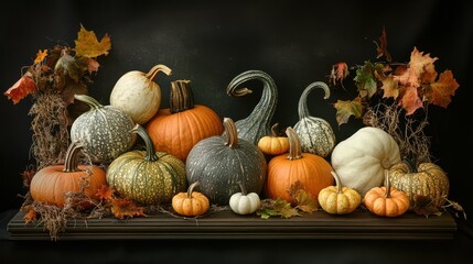 Pumpkins and gourds arranged in a festive autumn display