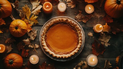 Pumpkin pie on a table decorated with autumn leaves and candles