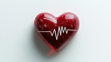 Red heart with white pulse line symbolizing love and health on white background
