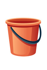 Orange plastic bucket with dark blue handle. Bright coral red container for household cleaning and garden work. Modern cylindrical shape design. Vector illustration isolated on white background