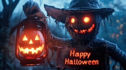 Sinister scarecrow with glowing eyes holding a lantern with Happy Halloween written in glowing red letters on a decaying banner