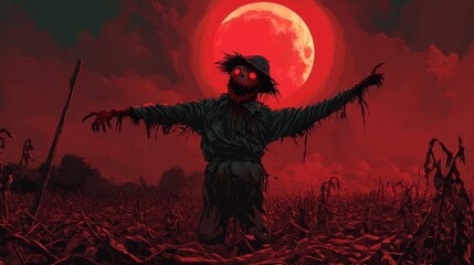Sinister scarecrow with a bloodstained grin standing in a decaying field of dead crops under a blood red moon