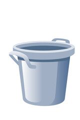 Light gray plastic bucket with two side handles. Modern cleaning container with smooth surface. Simple minimalist design for household and industrial use. Vector illustration isolated on white